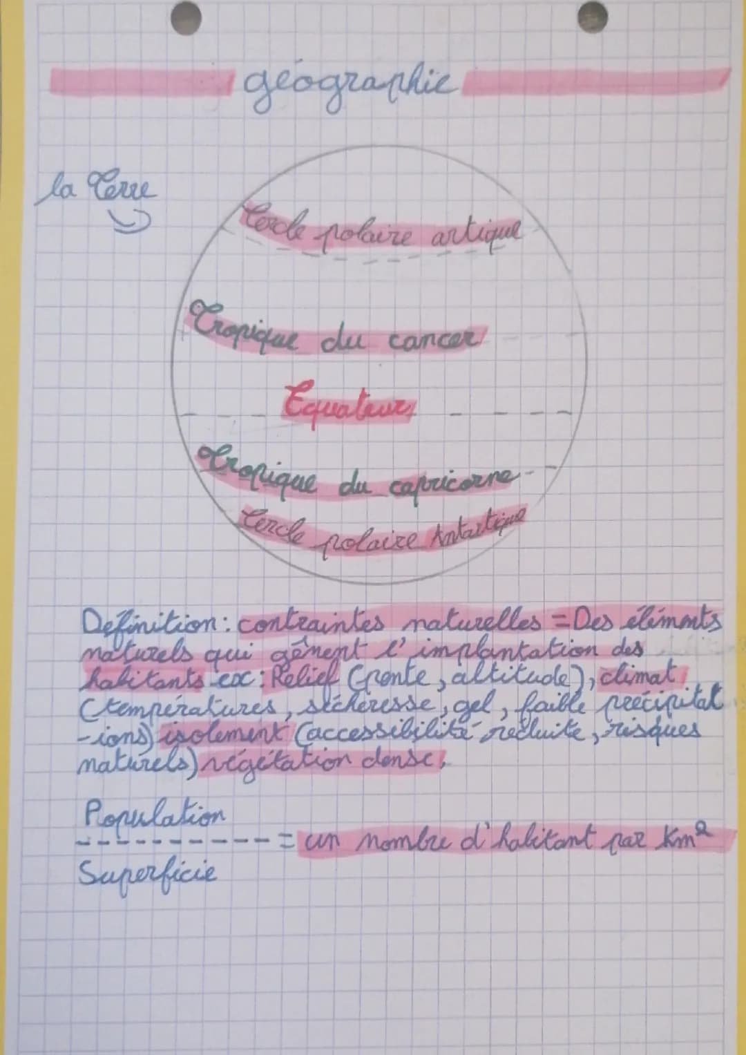 la Cerre
geographie
Coxle polaire artique
Cropique du cancer
Equateurs
Cropique du capricorne
Cercle polaire Antartique
Definition: c