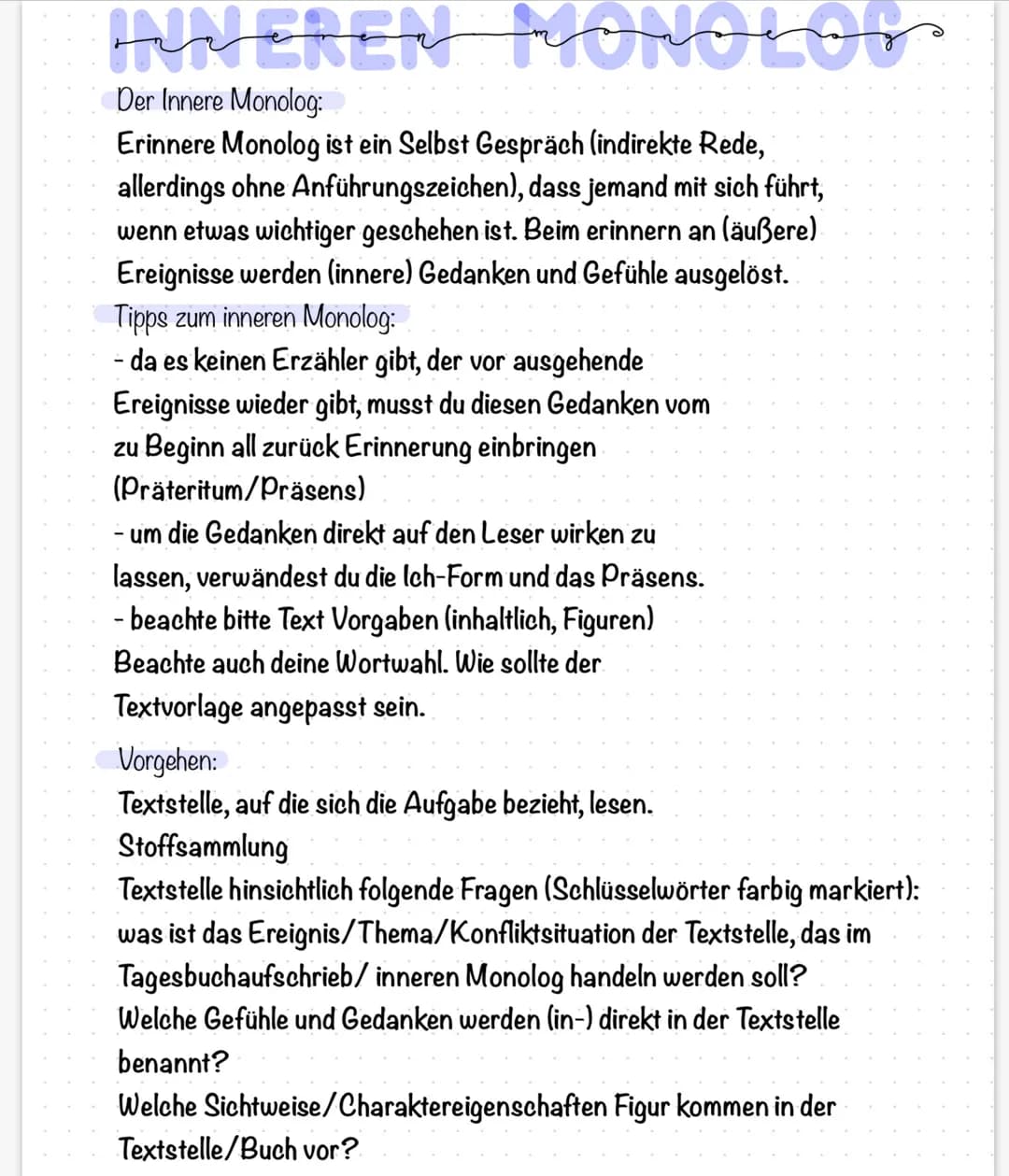 # INNEREN MONOLOG
Der Innere Monolog:
Erinnere Monolog ist ein Selbst Gespräch (indirekte Rede,
allerdings ohne Anführungszeichen), dass j