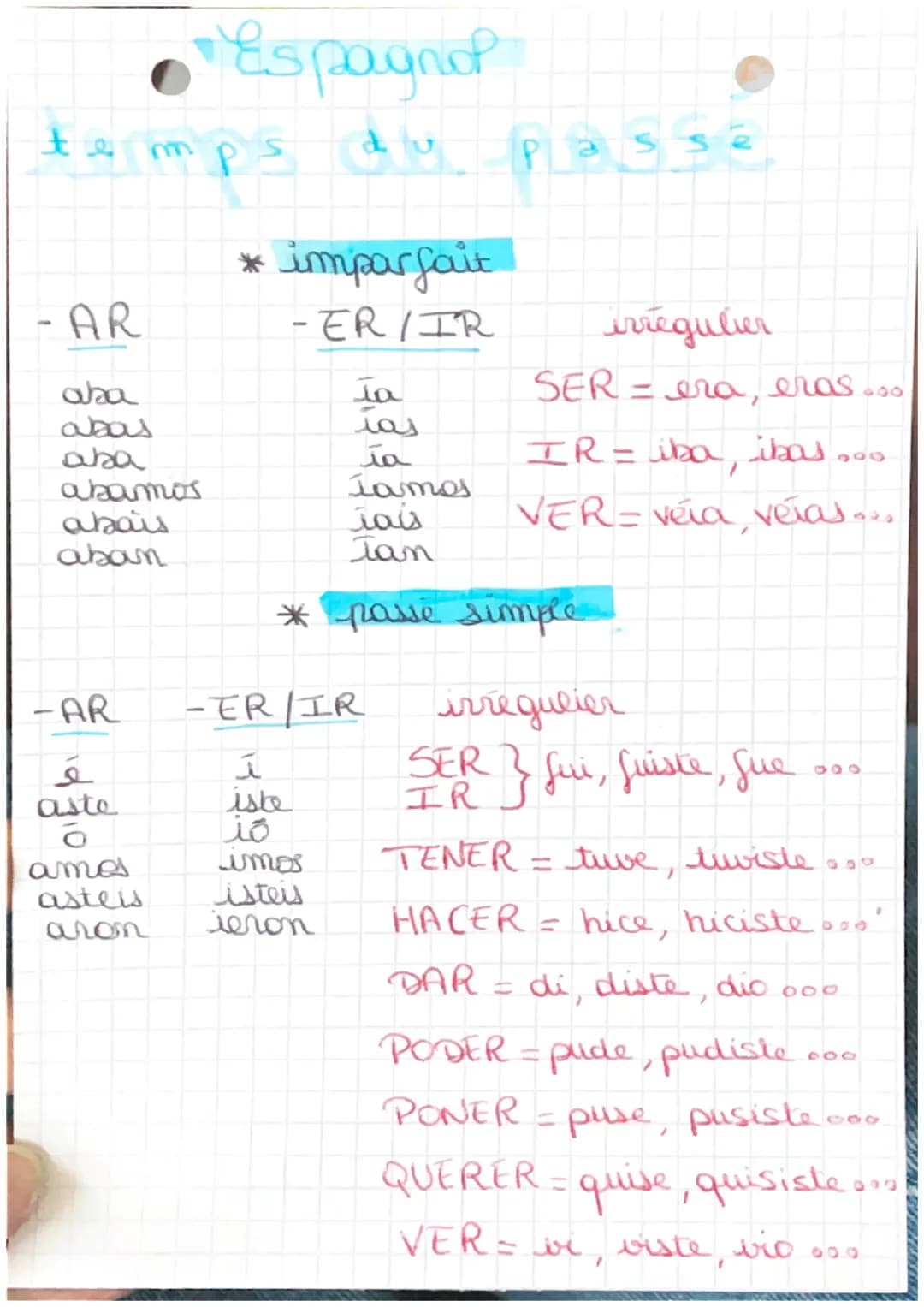 te
m
Espagnol
du
P
a
Sse
-AR
* imparfait
-ER/IR
irrégulier
aba
abas
aba
مد
حمد
مد
SER = era, eras...
IR = iba, i۰۰۰ نحط
abamos
jamos
ahais