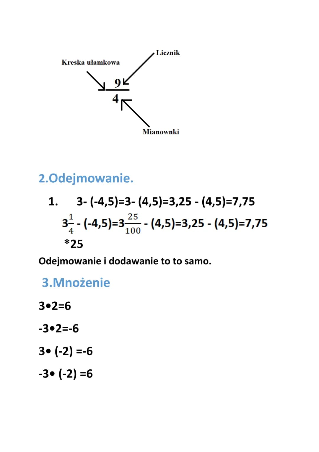 # Liczby
wymierne
Jak odróżnić wynik
- (+) i (+)=(+)
- (-) i (-) = (+)
- (-) i (+) = (-)
- (+) i (-) = (-)
1.Dodawanie
1. -3+(-2)=-3+(-2