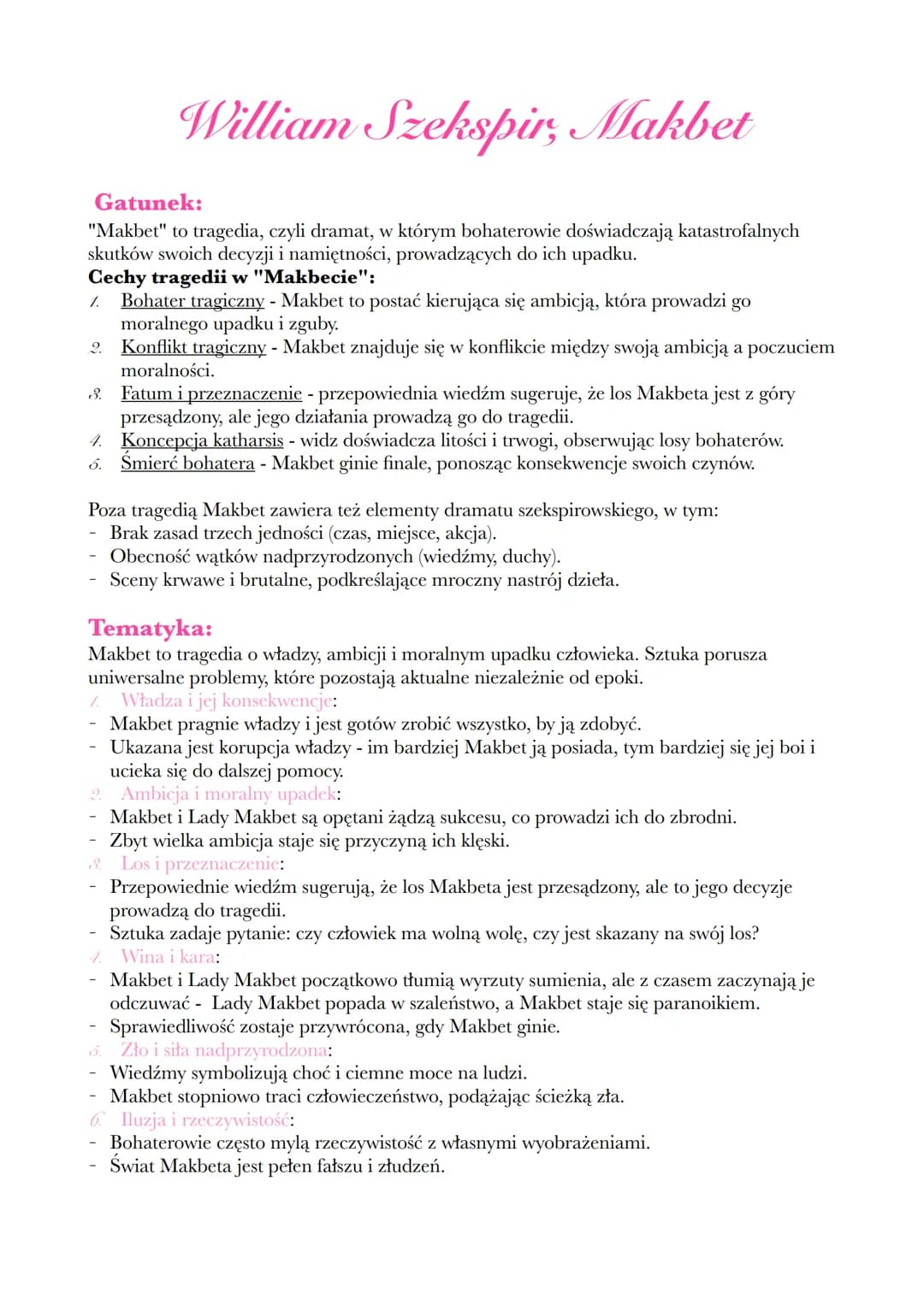 # William Szekspir, Makbet
**Gatunek:**
"Makbet" to tragedia, czyli dramat, w którym bohaterowie doświadczają katastrofalnych
skutków swoi