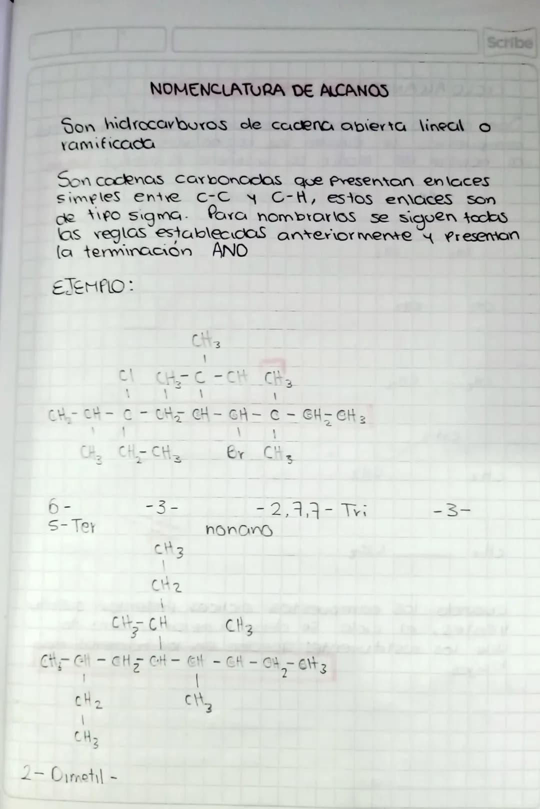 NOMENCLATURA DE ALCANOS
Son hidrocarburos de cadena abierta lineal o
ramificada
Son cadenas carbonadas que presentan enlaces
simples entre