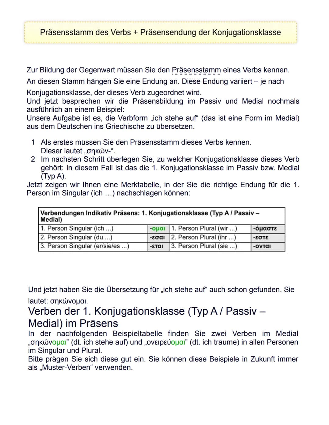# Präsensstamm des Verbs + Präsensendung der Konjugationsklasse
Zur Bildung der Gegenwart müssen Sie den Präsensstamm eines Verbs kennen.
A