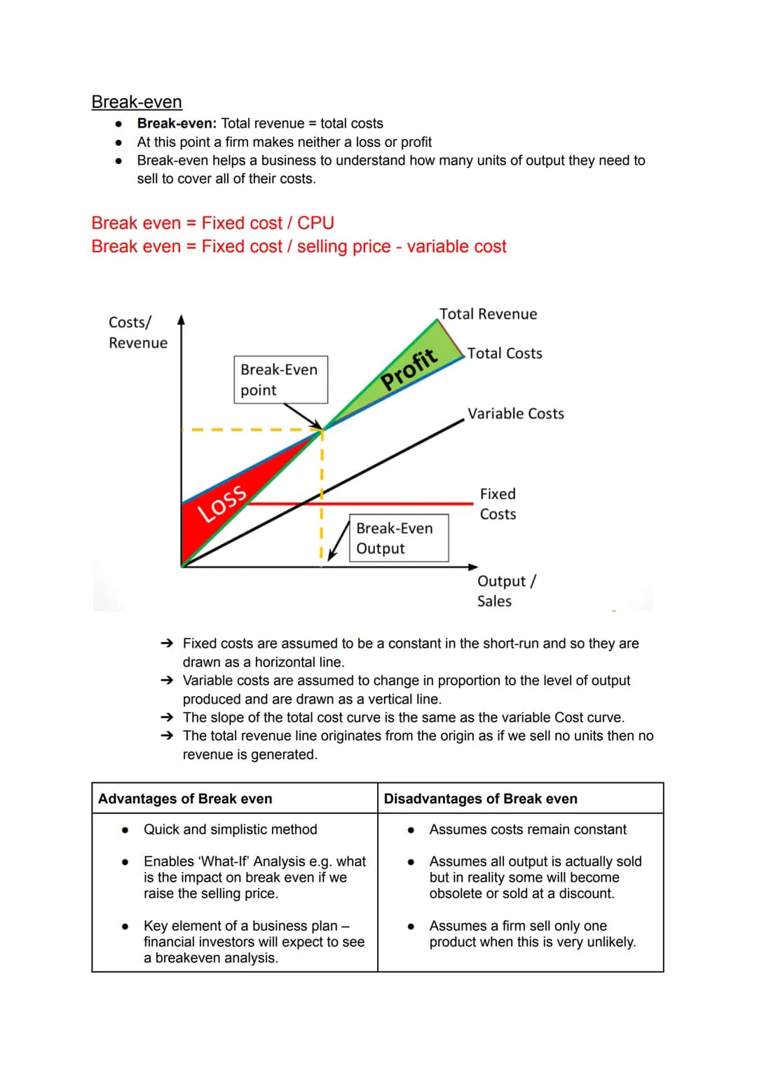 # Break-even
* Break-even: Total revenue = total costs
* At this point a firm makes neither a loss or profit
* Break-even helps a bus
