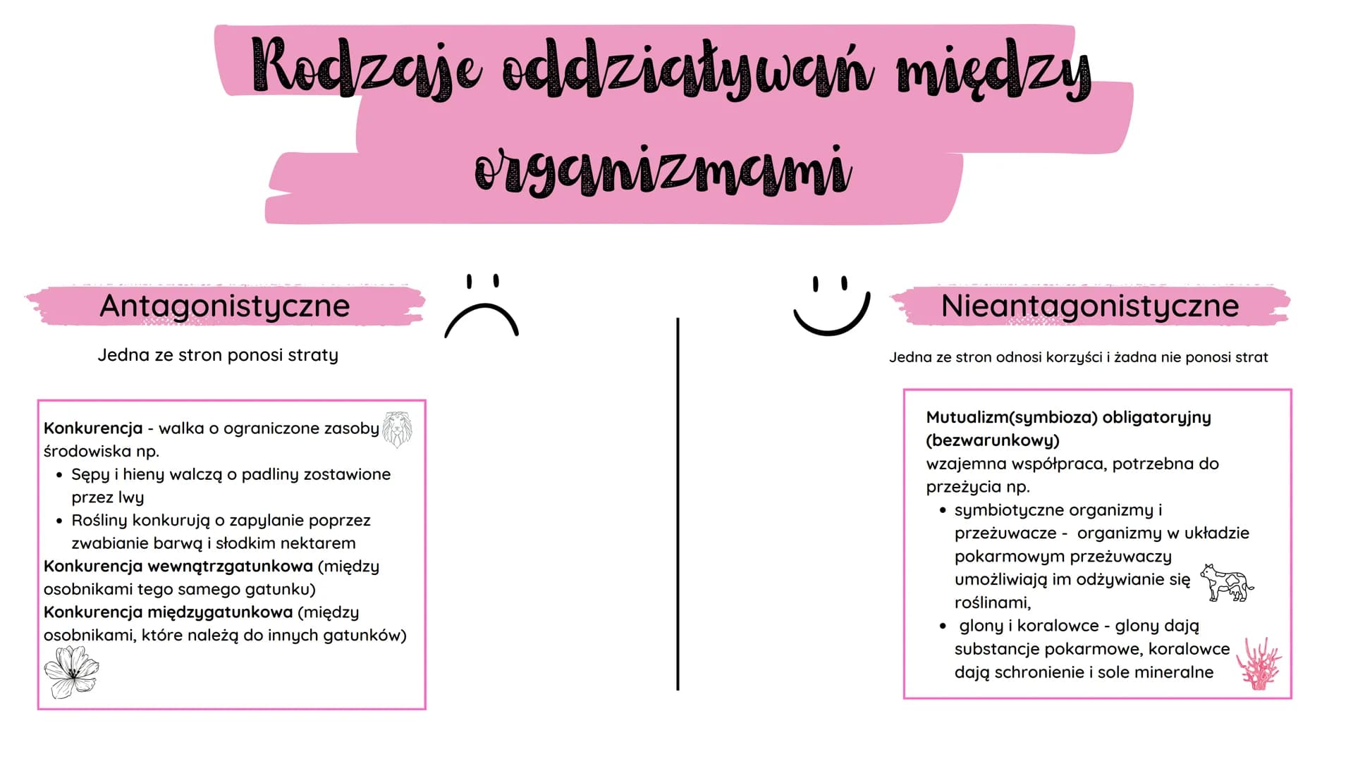 # Rodzaje oddziaływań między
organizmami
Antagonistyczne
Jedna ze stron ponosi straty
Konkurencja - walka o ograniczone zasoby
środowiska