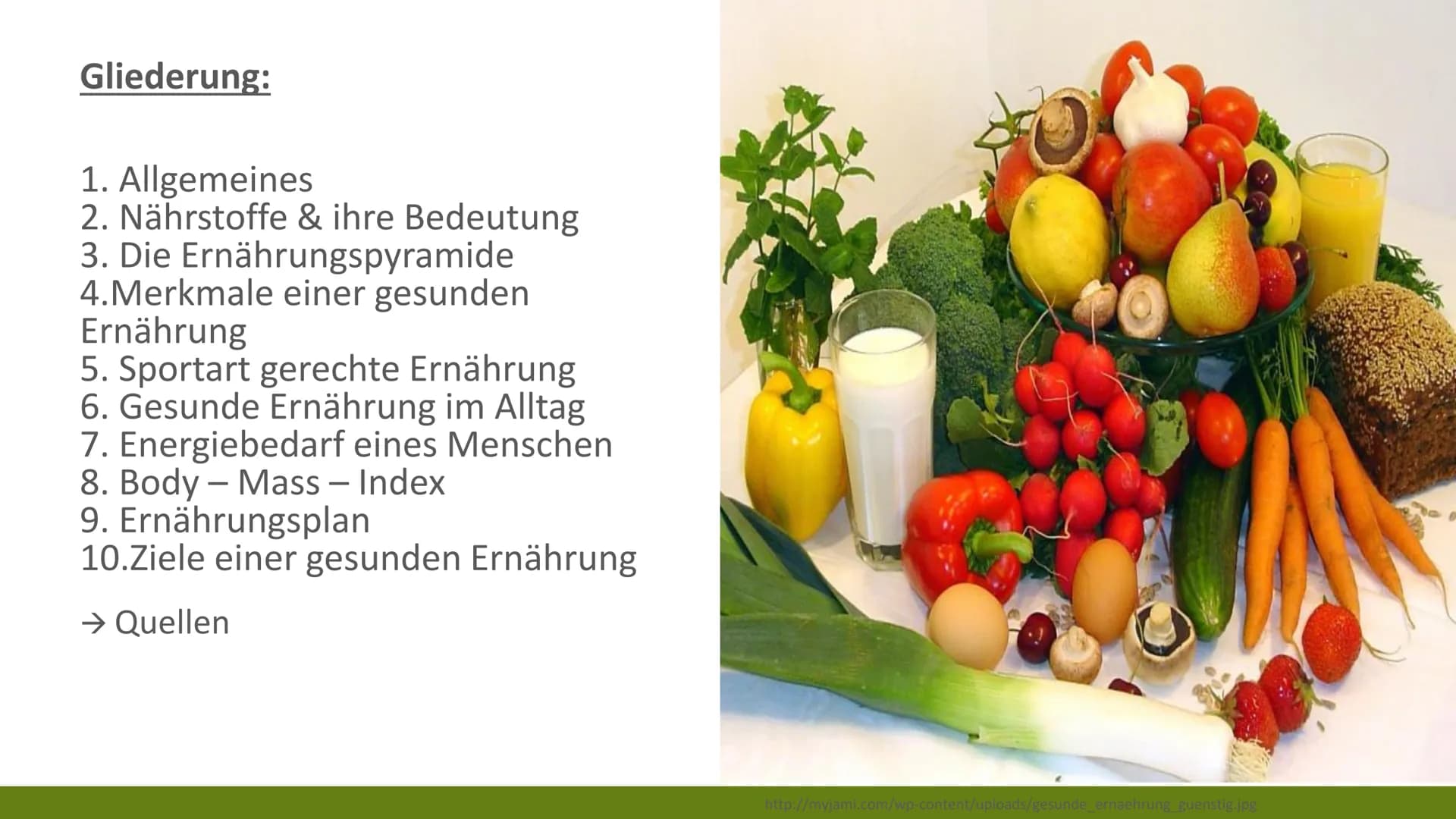 <h2>Allgemeines</h2>
<p>Es gibt nicht DIE gesunde Ernährung. Die Ernährung hängt immer von der jeweiligen Person ab, wie zum Beispiel Leben