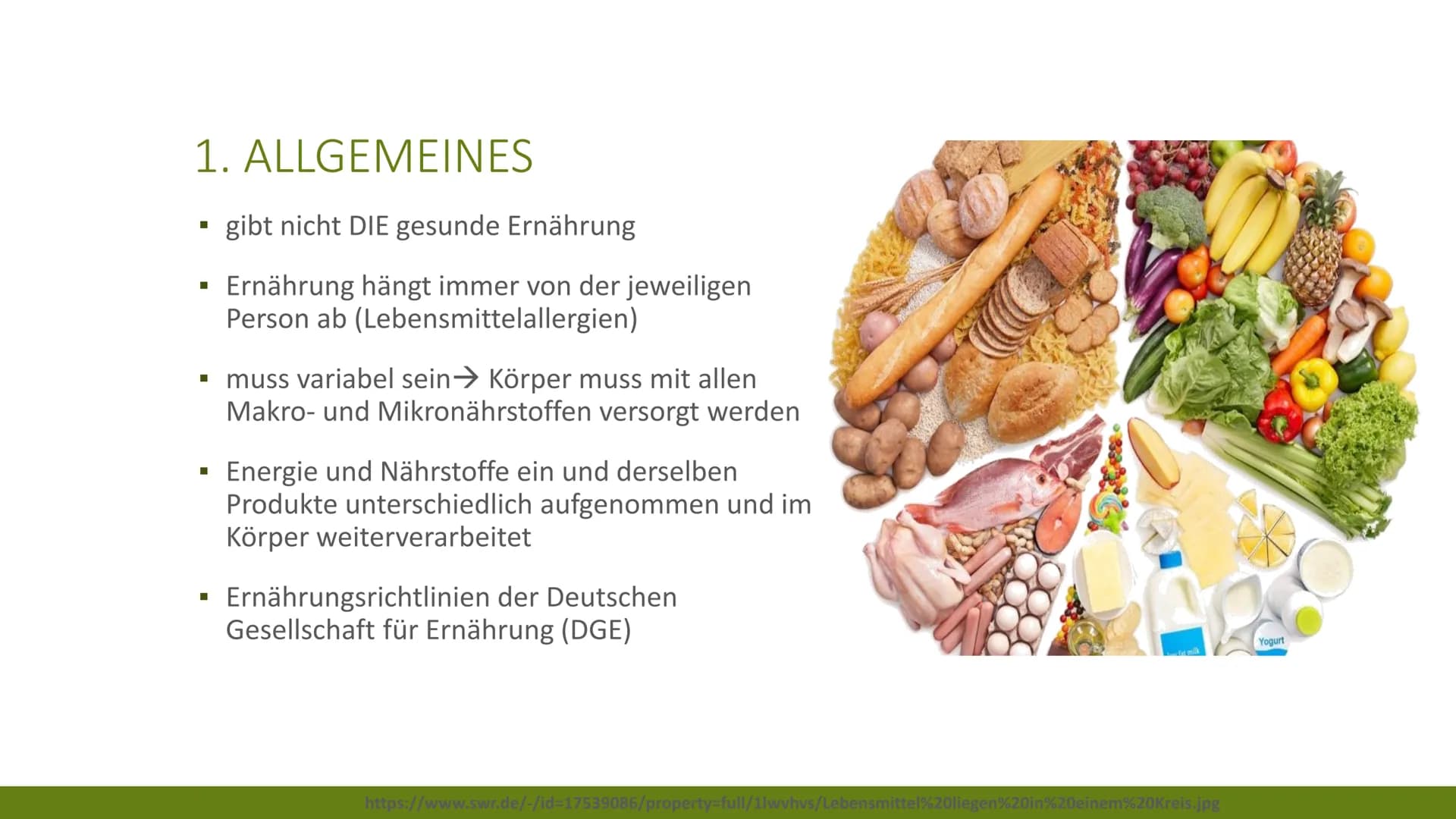 <h2>Allgemeines</h2>
<p>Es gibt nicht DIE gesunde Ernährung. Die Ernährung hängt immer von der jeweiligen Person ab, wie zum Beispiel Leben