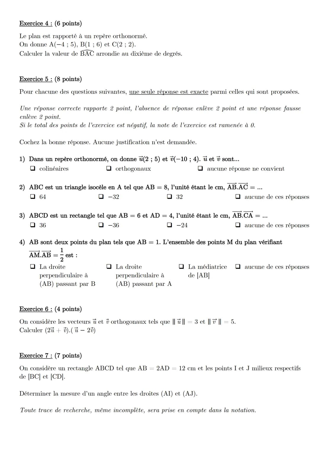 # DST de mathématiques - 1ère
## Chapitre 2 - Produit scalaire
Nom:
Remarques:
Note:
/40
Prénom:
/20
Classe: 1ère
Exercice 1: (6 poi