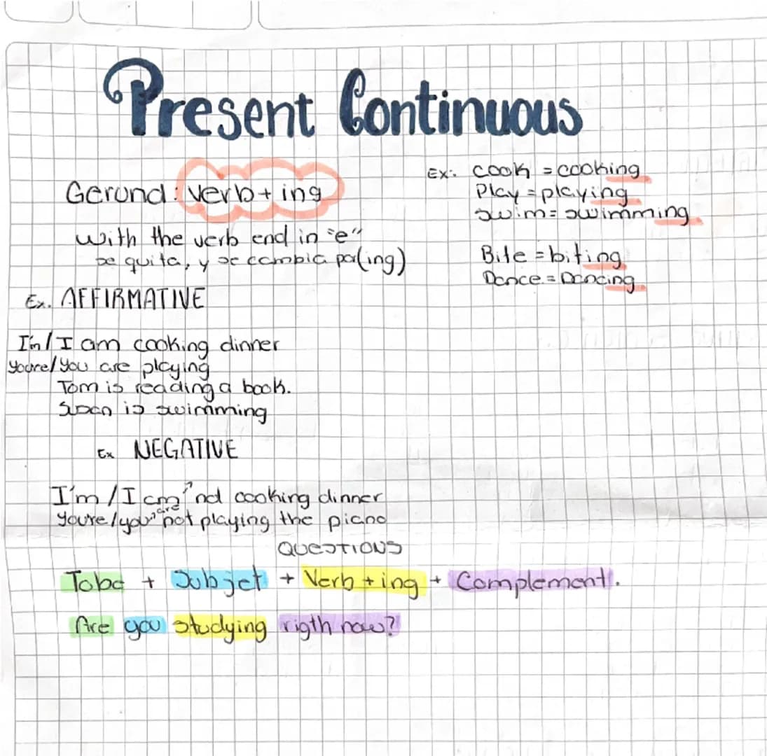 # Present Continuous
Gerund: verb + ing
with the verb end in "e"
be
se quita, y se cambia
Ex. AFFIRMATIVE
I'm I am cooking dinner
Youre/