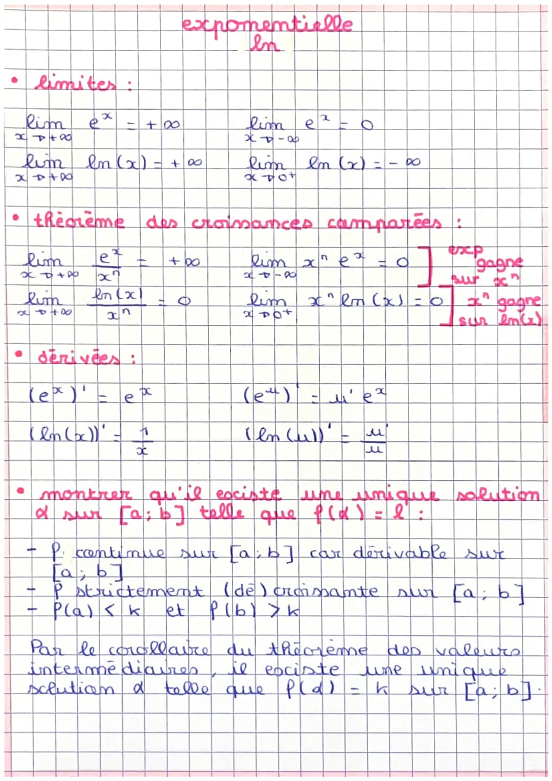 # exponentielle
In
• limites:
$lim_{x \to +\infty} e^x = +\infty$
$lim_{x \to +\infty} ln (x) = +\infty$
$lim_{x \to -\infty} e^x = 0$