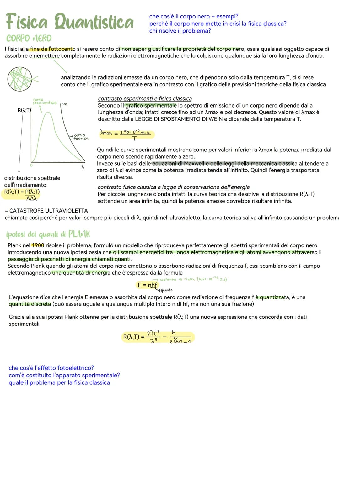 # Fisica Quantistica
CORPO MERO
che cos'è il corpo nero + esempi?
perché il corpo nero mette in crisi la fisica classica?
chi risolve il p