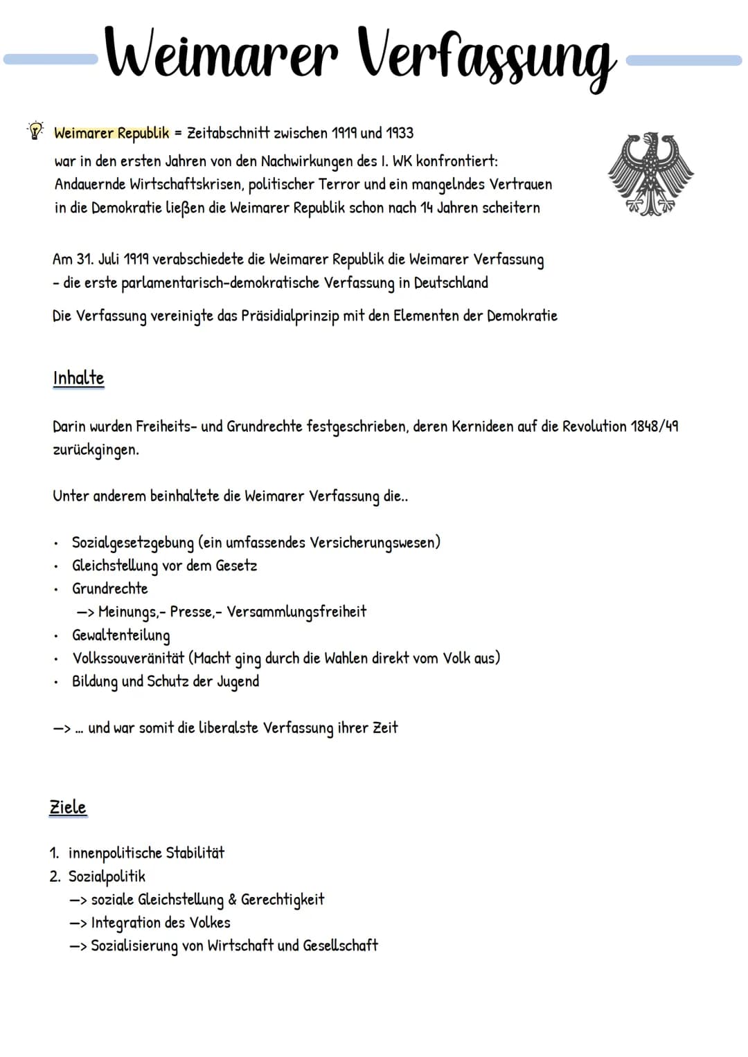 # Weimarer Verfassung
Weimarer Republik = Zeitabschnitt zwischen 1919 und 1933
war in den ersten Jahren von den Nachwirkungen des I. WK kon