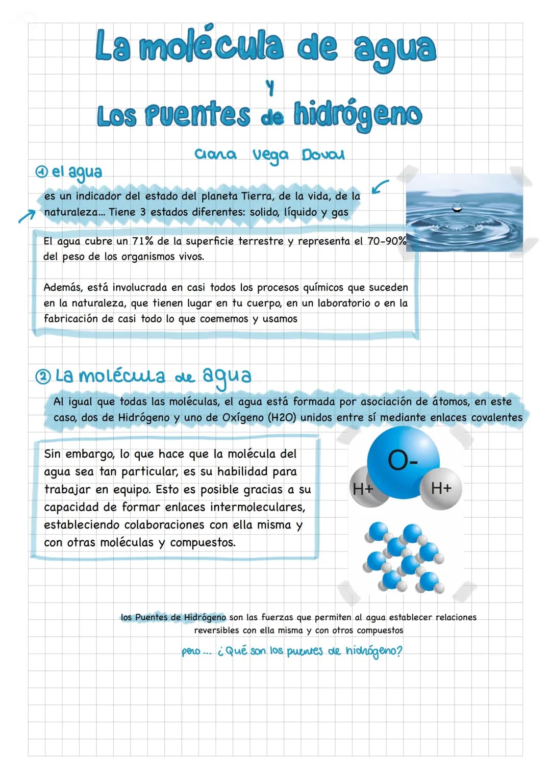 # La molécula de agua
Y
# Los Puentes de hidrógeno
Ciana vega Doval
el agua
es un indicador del estado del planeta Tierra, de la vida, de