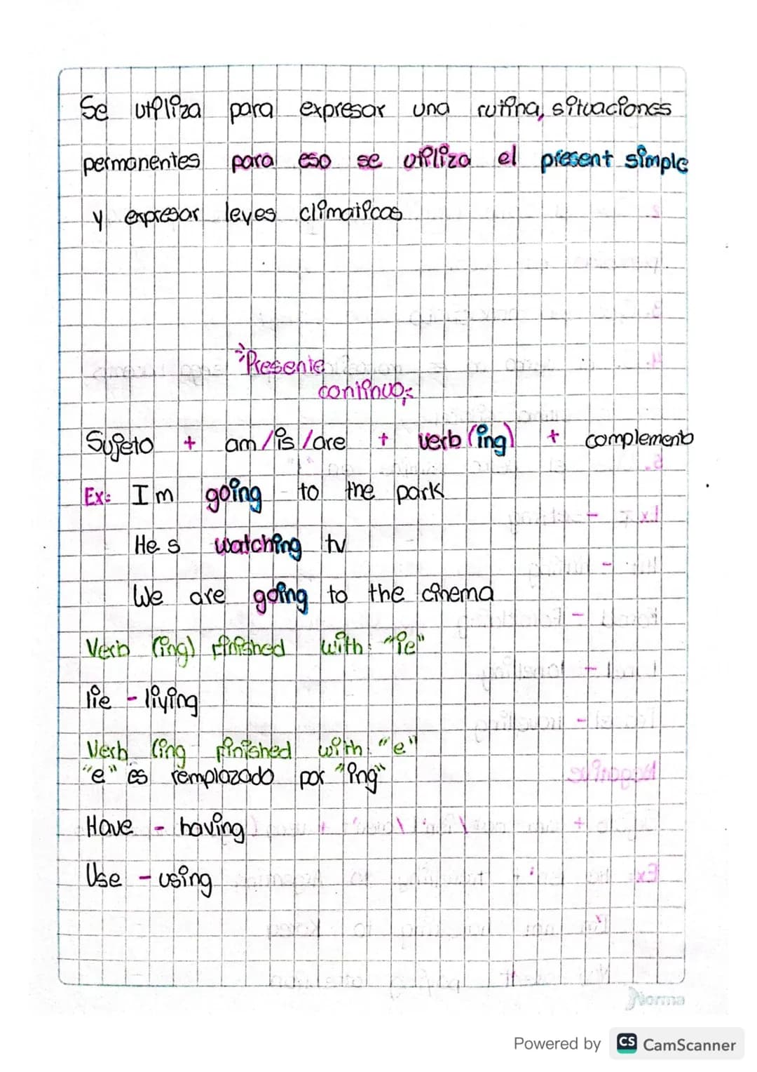 # Simple
present
Conj Sujeto + Verb + Complemento
Exampol: I dance
He does the homework
+
Verb rinishes: o, sh, ch, ss, x, zz "Se le
vam