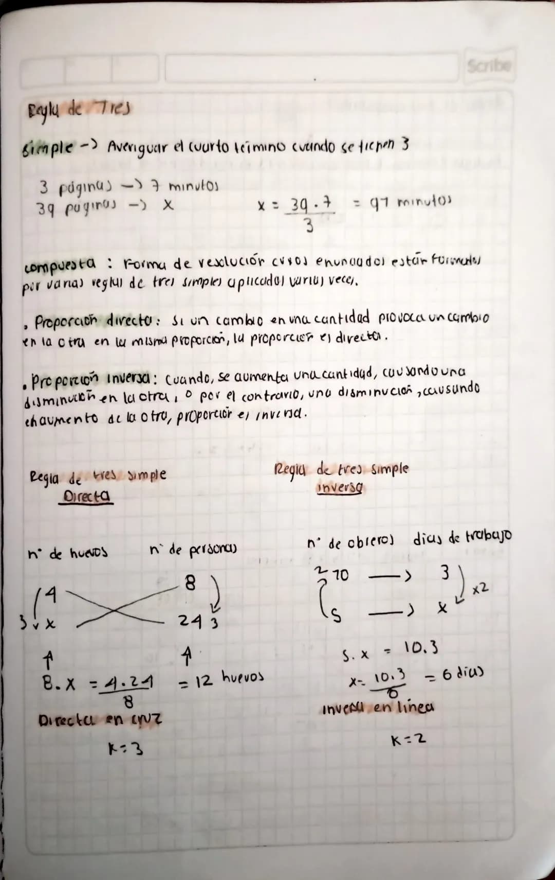 # Reglu de Tres
Simple Averiguar el cuarto teimino cuando se tiepen 3
3 página 7 minutos
39 paginas-) x
$x = \frac{39 \cdot 7}{3} = 97$