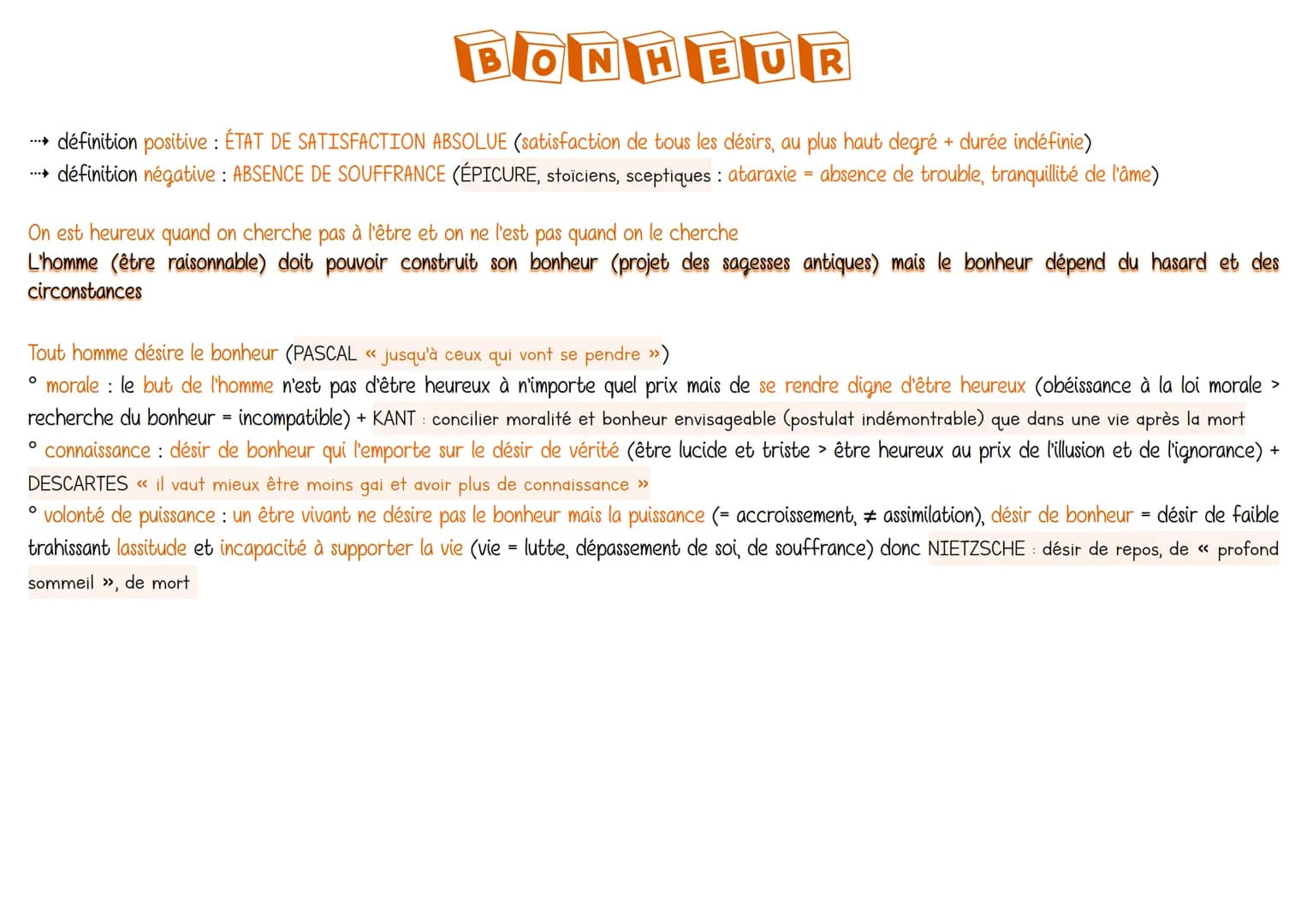 # BONHEUR
...→ définition positive: ÉTAT DE SATISFACTION ABSOLUE (satisfaction de tous les désirs, au plus haut degré + durée indéfinie)
.