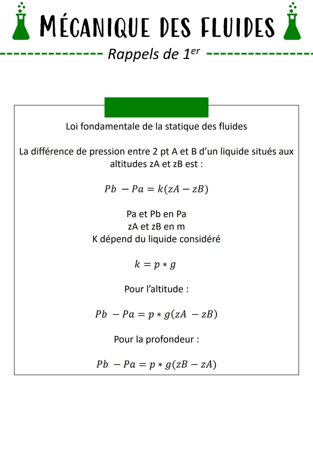 # MÉCANIQUE DES FLUIDES
--- Rappels de 1er
Masse volumique
$p = \frac{m}{V}$
p en kg/m^3
m en kg
V en m^3
A 25°C, p = 1000 kg/m^3
F