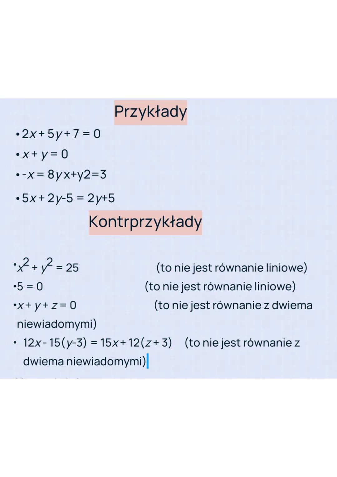 Równania z dwiema niewiadomymi zawierają
dwie zmienne, zwykle oznaczone jednymi z ostatnich liter
alfabetu, np. x i y. Równania liniowe (naz