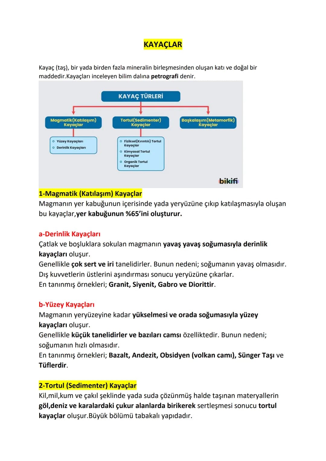 # KAYAÇLAR
Kayaç (taş), bir yada birden fazla mineralin birleşmesinden oluşan katı ve doğal bir
maddedir.Kayaçları inceleyen bilim dalına p