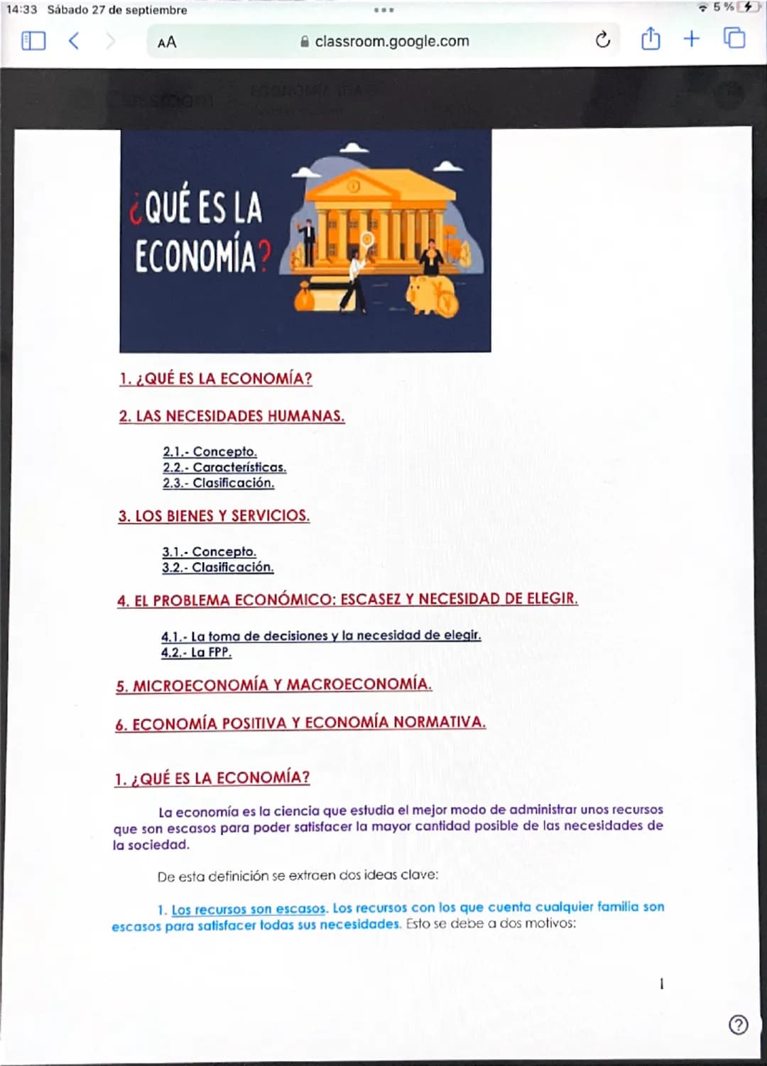 # ¿QUÉ ES LA
ECONOMÍA?
1. ¿QUÉ ES LA ECONOMÍA?
2. LAS NECESIDADES HUMANAS.
2.1.- Concepto.
2.2.- Características.
2.3.- Clasificación.
3