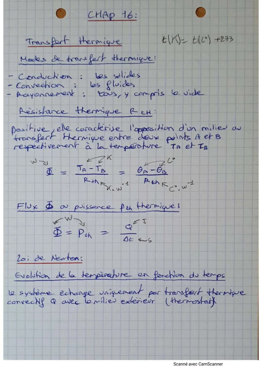 # CHAP 16:
$t(K)= t(C) +273$
Transfert thermique
Modes de transfert thermique!
- Conduchion: les solides
- Convection: les fluides
- Pay