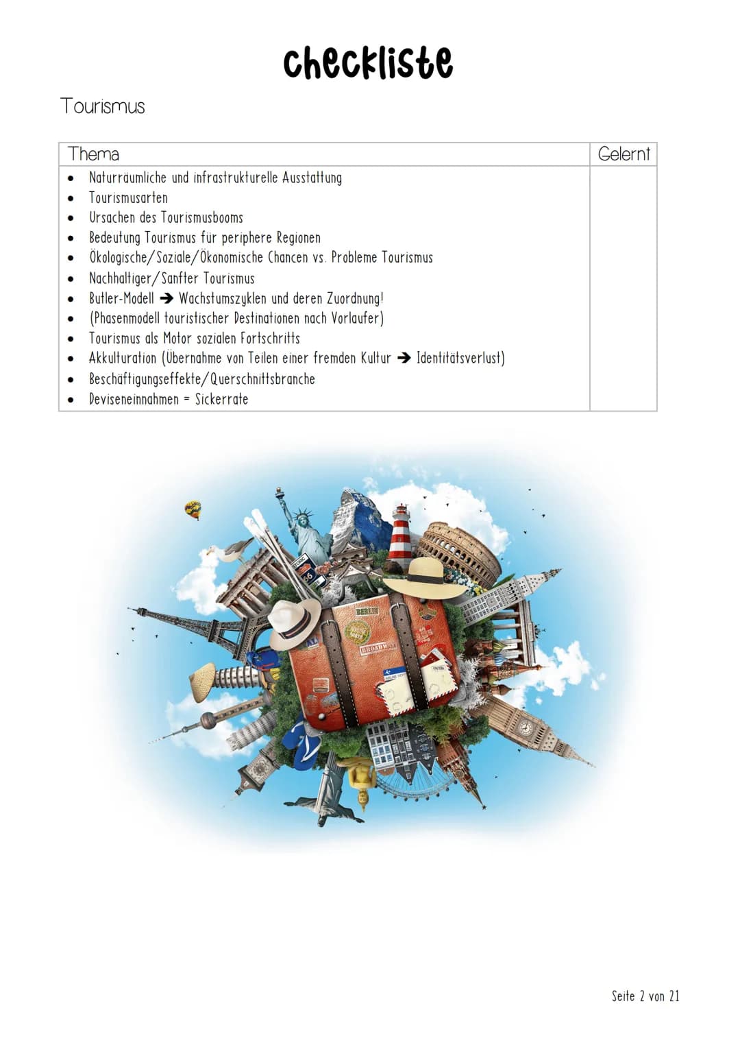 Tourismus
# inhalt
Checkliste Seite 2
Begriffe Seite 3
Einführung Seite 5
Kriterien & Formen des Fremdenverkehrs touristisches Potenzial S