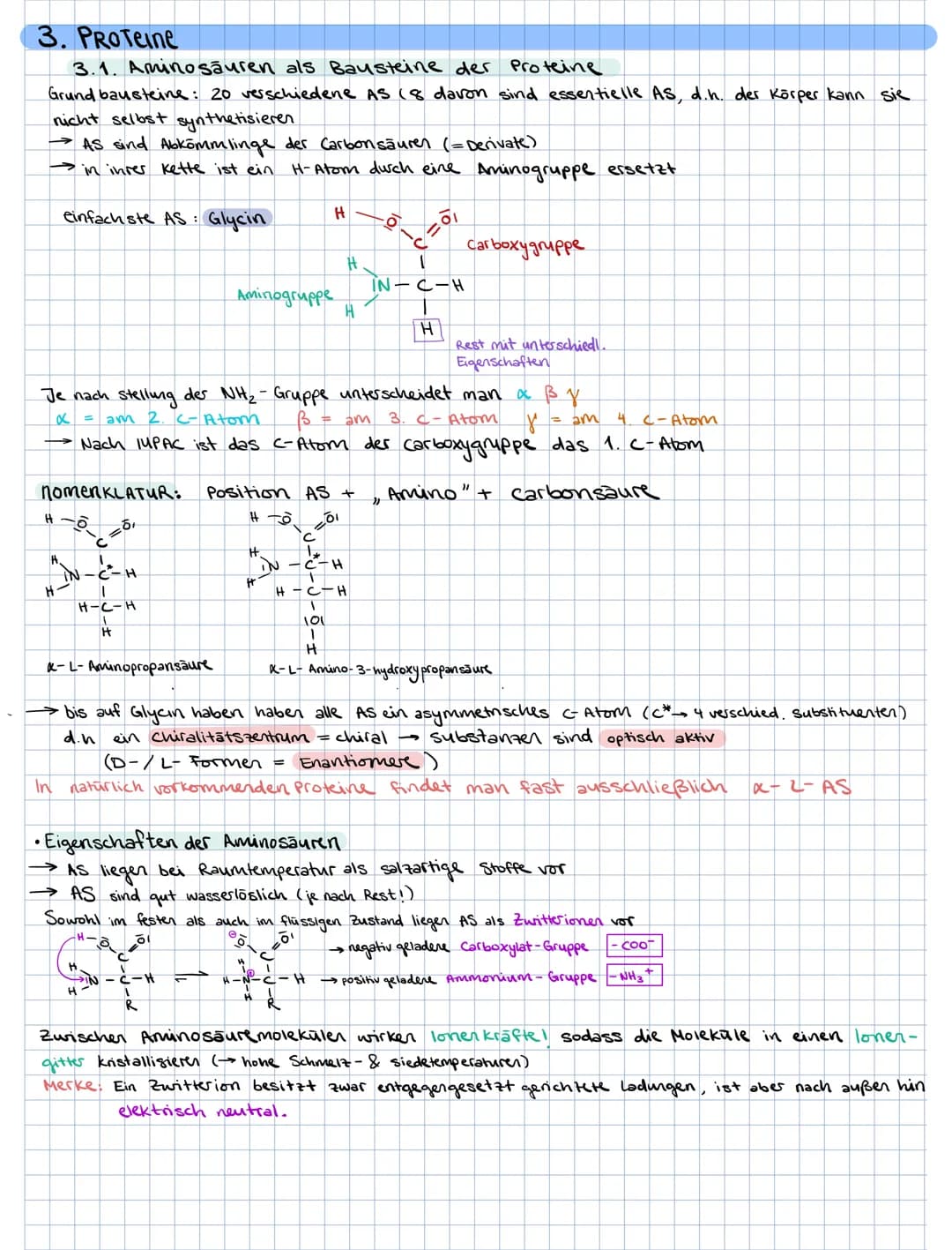 ### 3. PROTEINE
3.1. Aminosäuren als Bausteine der Proteine
Grund bausteine: 20 verschiedene AS (8 davon sind essentielle AS, d.h. der Kör