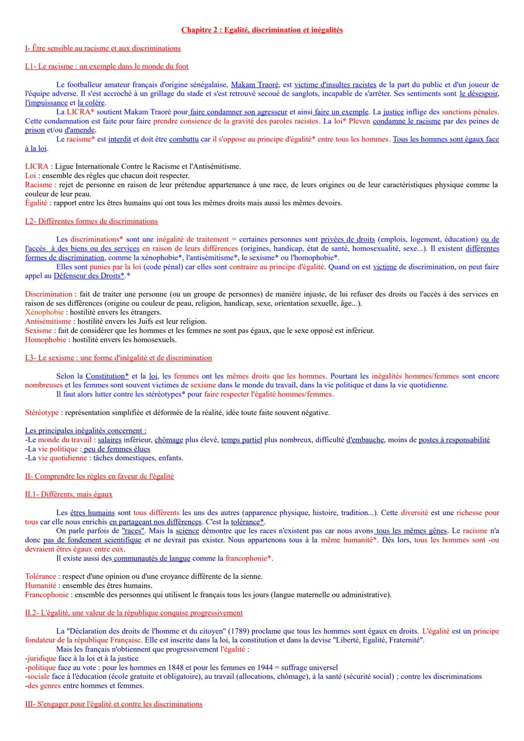 # Chapitre 2: Egalité, discrimination et inégalités
1- Être sensible au racisme et aux discriminations
1.1- Le racisme: un exemple dans le