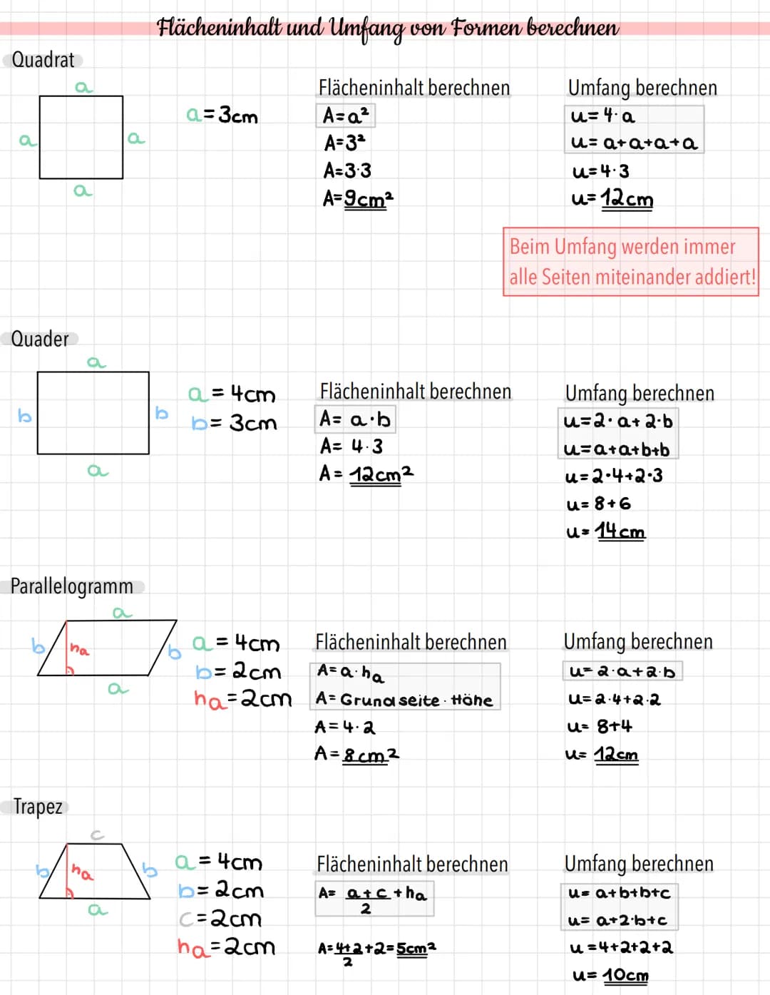 Flächeninhalt und Umfang von Formen berechnen
Quadrat
a
a
a
a
a=3cm
Flächeninhalt berechnen
A=$a^2$
A=$3^2$
A=3-3
A=9cm²
Umfang berechne