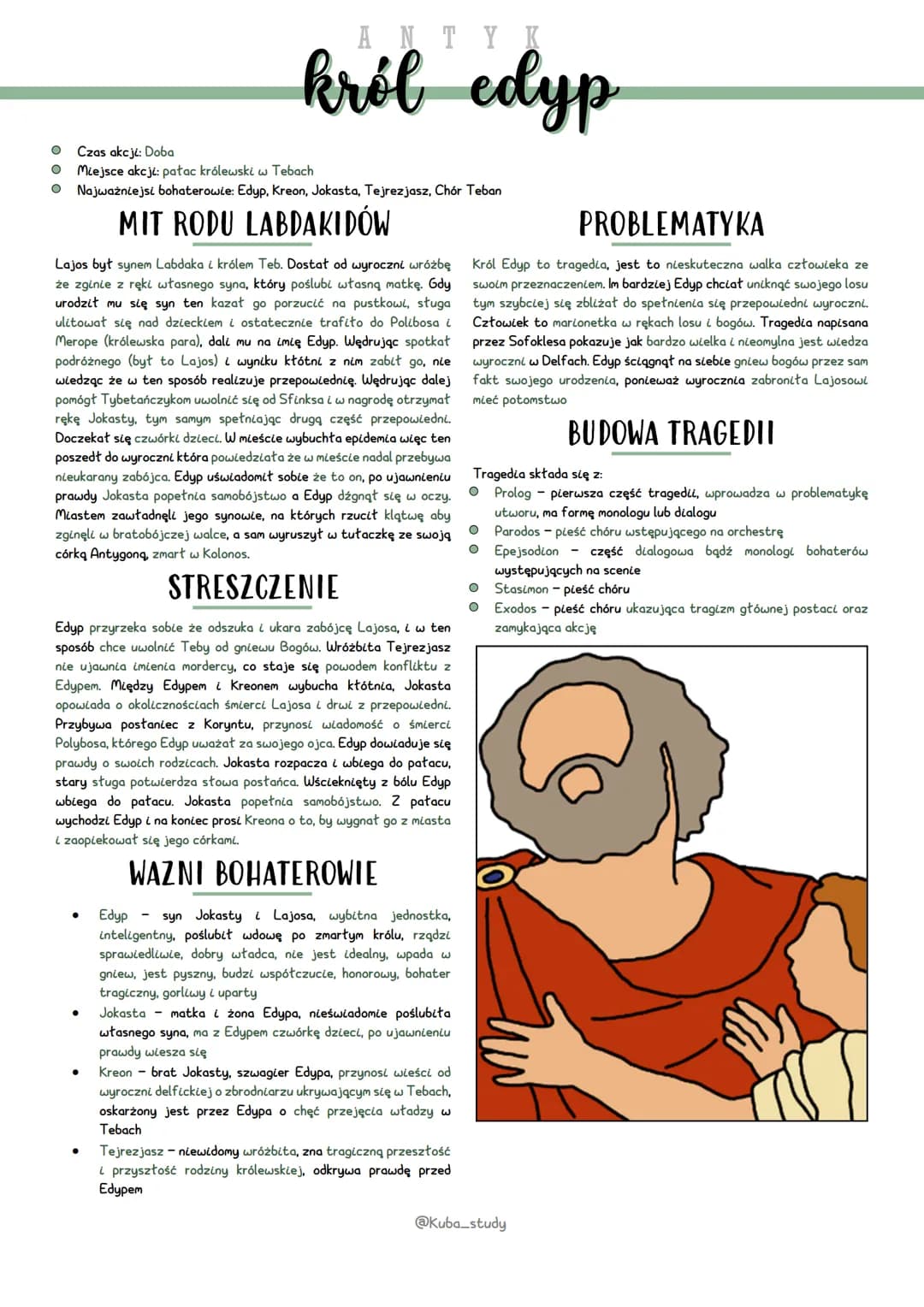 - Czas akcji: Doba
ANTYK
król edyp
- Miejsce akcji: patac królewski w Tebach
- Najważniejsi bohaterowie: Edyp, Kreon, Jokasta, Tejrezjasz,