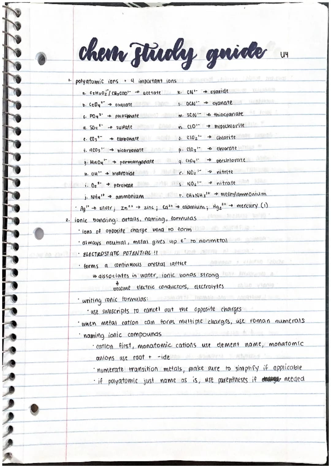# chem Struly guide
U4
1. polyatomic ions 4 important ions
a. CzH3O2/CH3COO
b. C204 oxalate
2. POY phosphate
d. Soy sulfat