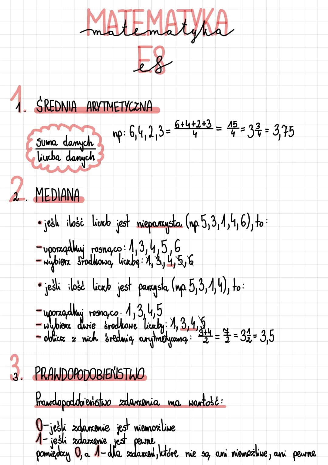 # МАТЕМАТИКА
Es
1. ŚREDNIA ARYTMETYCZNA
Suma danych np: 6,4,2,3 = $\frac{6+4+2+3}{4} = \frac{15}{4} = 3\frac{3}{4} = 3,75$
licxba danych