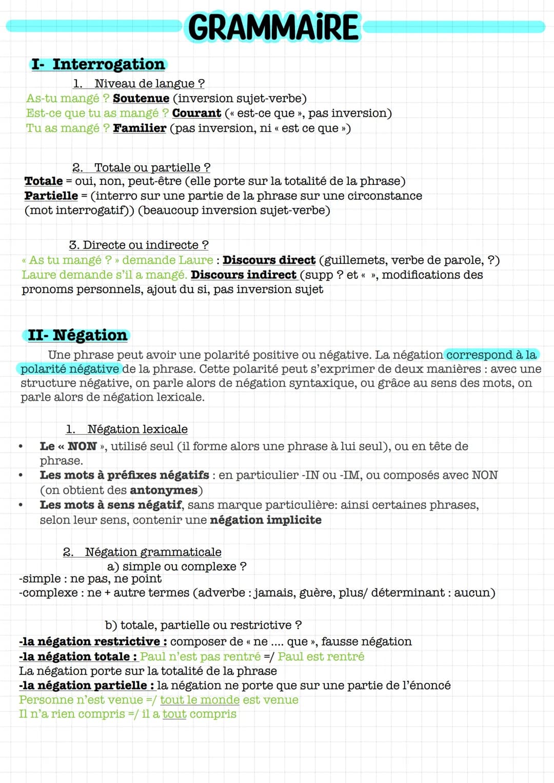 # GRAMMAIRE
I- Interrogation
1. Niveau de langue ?
As-tu mangé? Soutenue (inversion sujet-verbe)
Est-ce que tu as mangé? Courant («est-ce