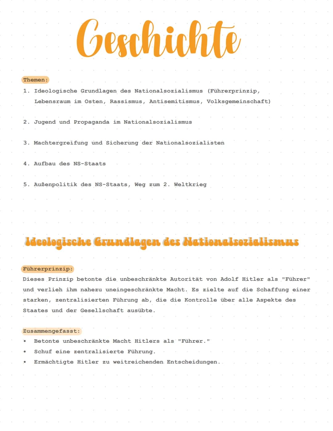 # Geschichte
Themen:
1. Ideologische Grundlagen des Nationalsozialismus (Führerprinzip,
Lebensraum im Osten, Rassismus, Antisemitismus, Vo