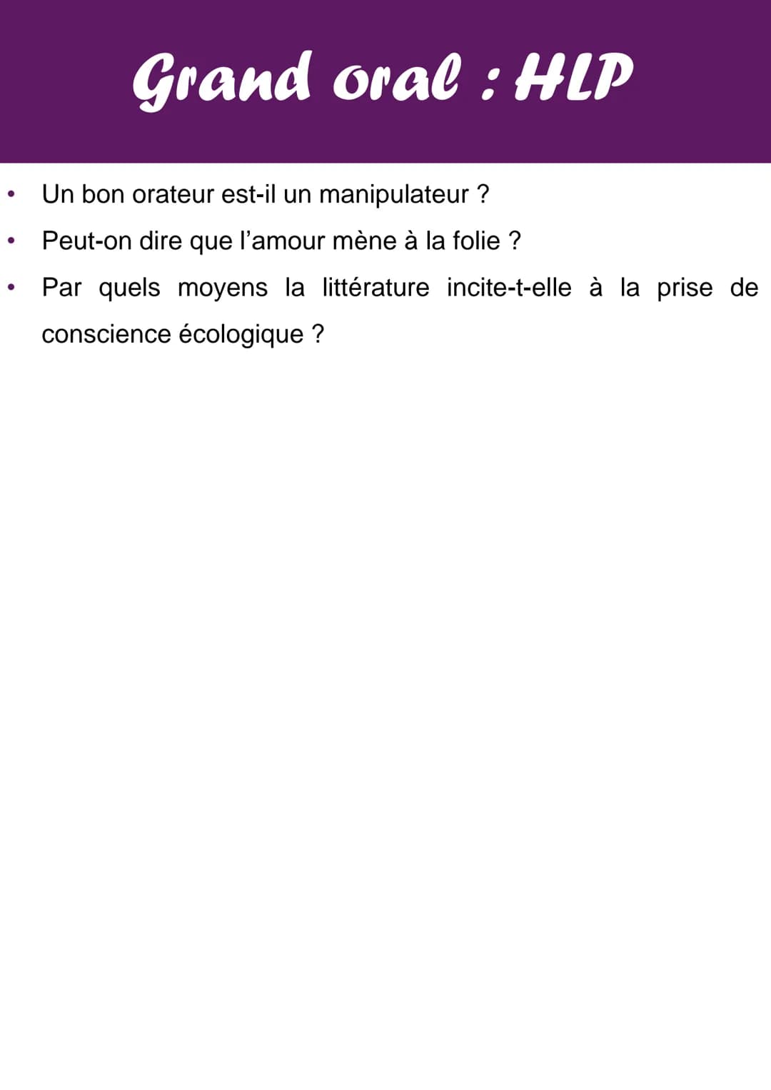 # Grand oral: HLP
Quelques idées de sujet pour le grand oral en HLP :
- En quoi la psychologie a-t-elle pris sa place dans l'éducation
ces