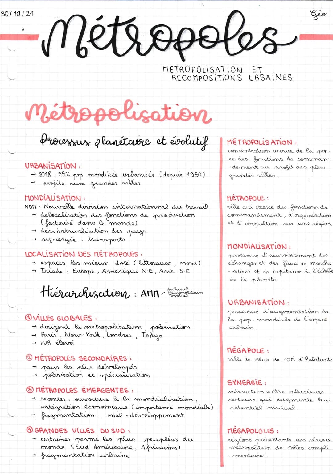 30/10/21
# Métropoles
METROPOLISATION ET
RECOMPOSITIONS URBAINES
# Métropolisation
Processus planétaire et évolutif
URBANISATION:
→201