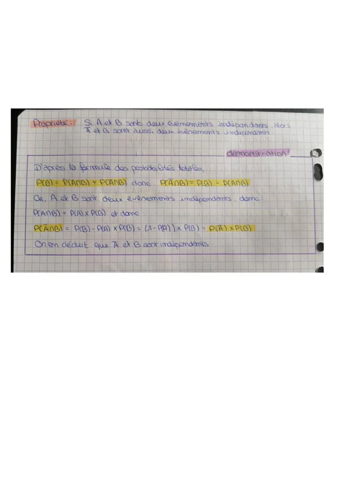 ```markdown
09
Séquence 2: Probabilités
Sauf indication contraire, A et B somt deux évènements d'em cunivers Ω
tels que P(A) 70
1) Propab