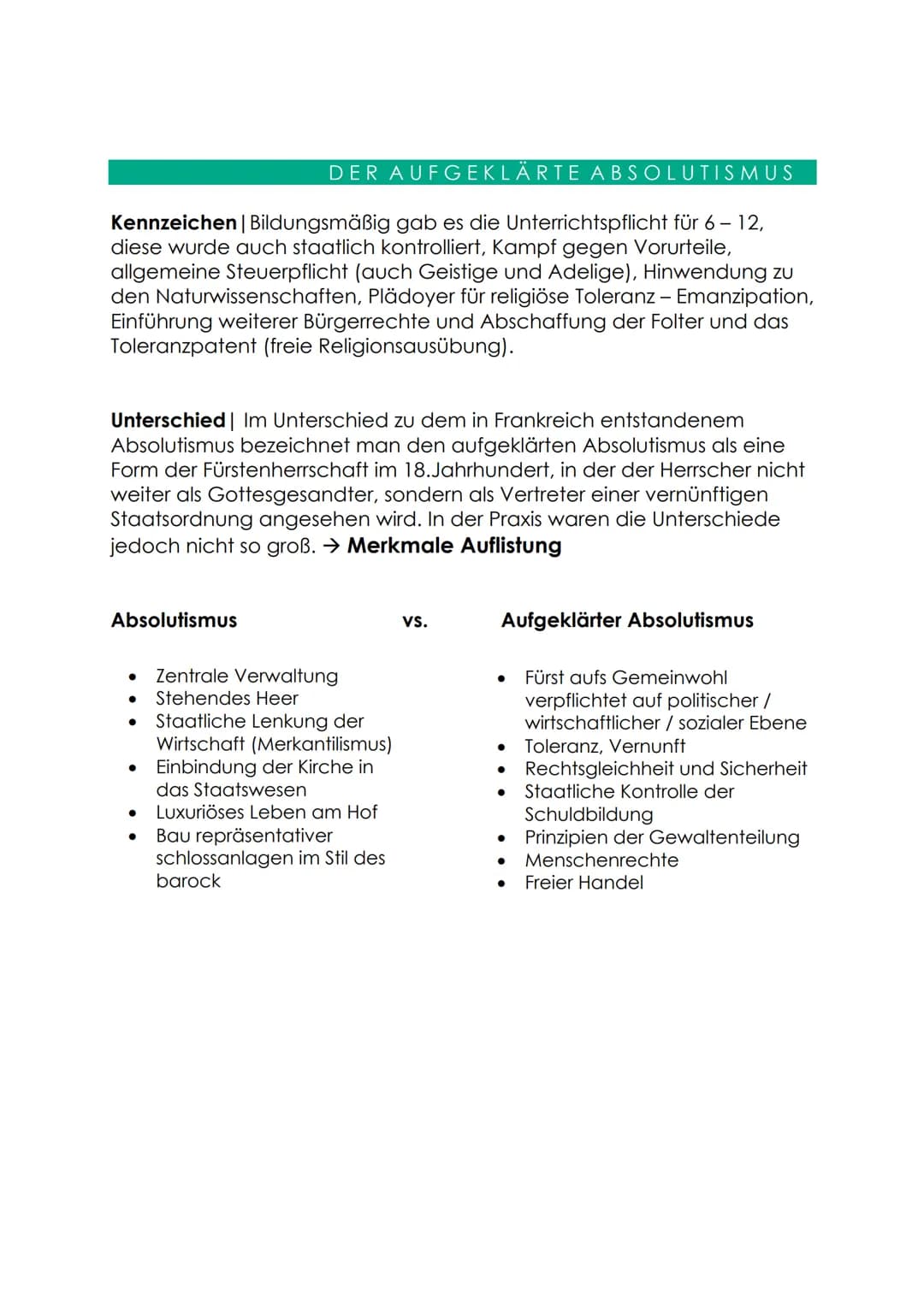 # DER AUFGEKLÄRTE ABSOLUTISMUS
Kennzeichen | Bildungsmäßig gab es die Unterrichtspflicht für 6-12,
diese wurde auch staatlich kontrolliert,