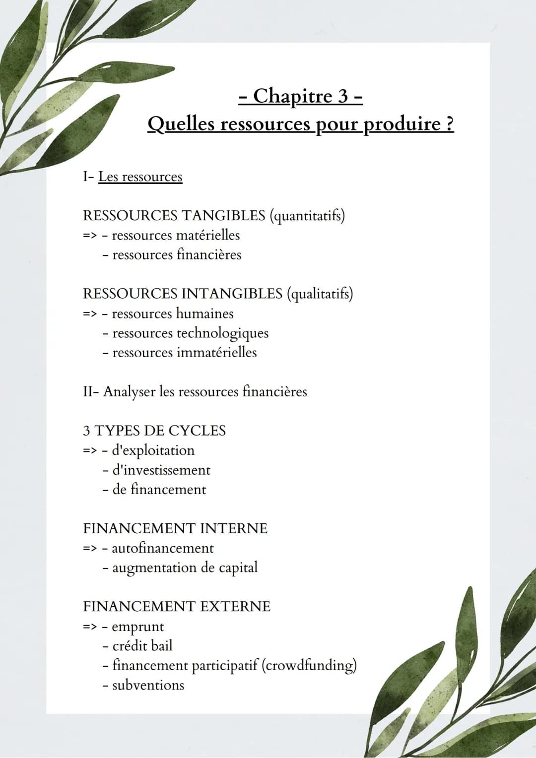 - Chapitre 3 –
Quelles ressources pour produire ?
I- Les ressources
RESSOURCES TANGIBLES (quantitatifs)
=> - ressources matérielles
- r