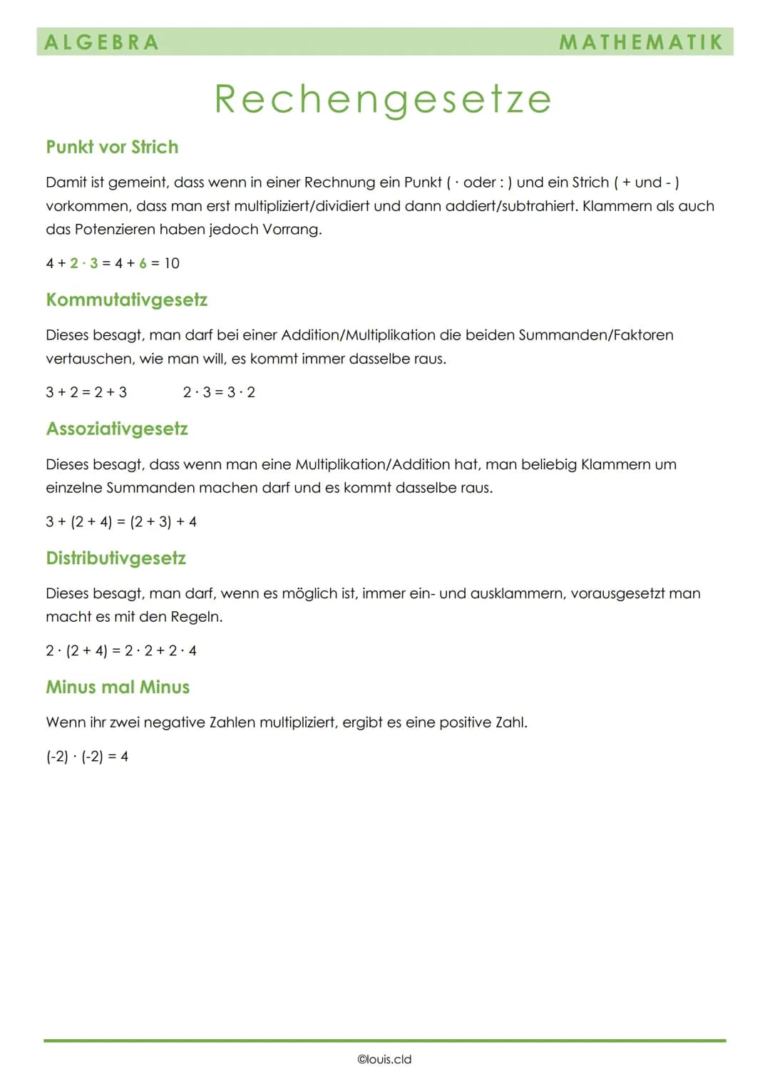 # ALGEBRA
# Rechengesetze
MATHEMATIK
## Punkt vor Strich
Damit ist gemeint, dass wenn in einer Rechnung ein Punkt (oder:) und ein Strich