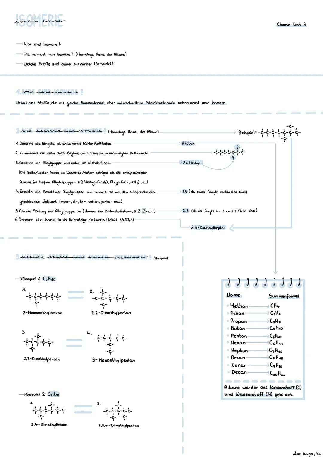 # ISOMERIE
Chemie-Test 3
Was sind Isomere?
Wie bennent man Isomere? (homologe Reihe der Allkane)
Welche Stoffe sind isomer zueinander (B