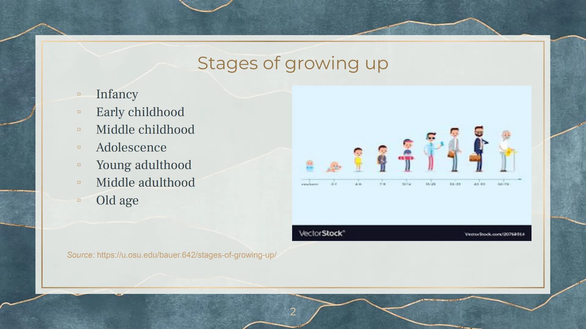 Growing up # Stages of growing up
- Infancy
- Early childhood
- Middle childhood
- Adolescence
- Young adulthood
- Middle adulthood
- Old a