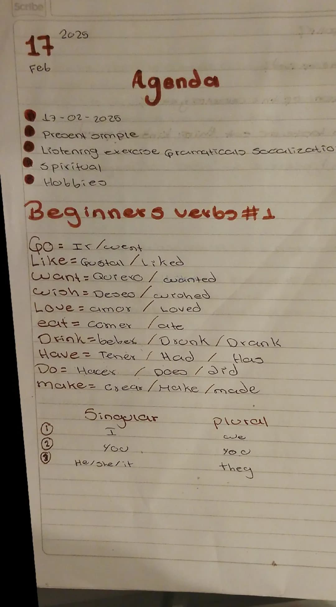 Scribe
17
Feb
2025
Agenda
17-02-2025
- Present simple
- Listening exercise Gramaticals Socalizatio
- Spiritual
- Hobbies
# Beginners verby