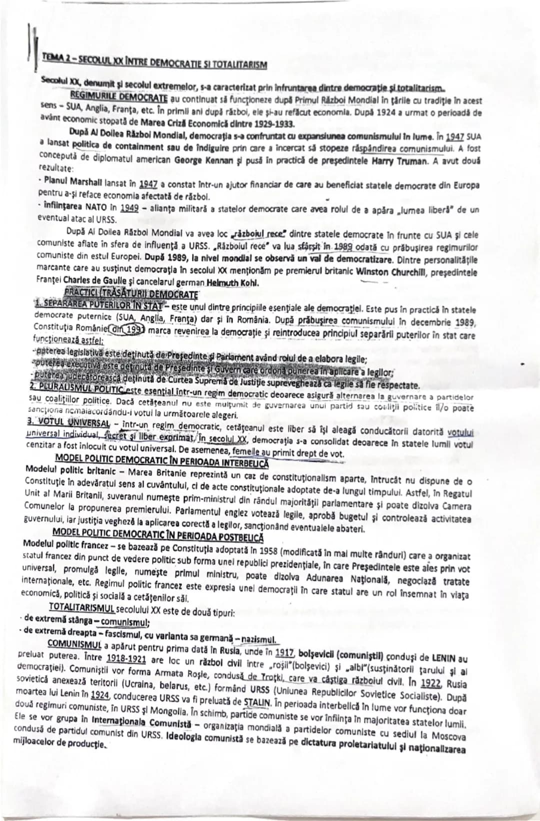 # TEMA 2-SECOLUL XX ÎNTRE DEMOCRATIE SI TOTALITARISM
Secolul XX, denumit şi secolul extremelor, s-a caracterizat prin înfruntarea dintre de