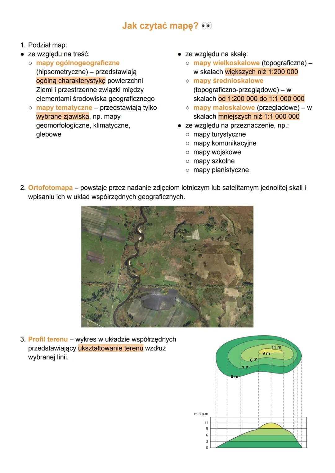 1. Podział map:
• ze względu na treść:
Jak czytać mapę?
• mapy ogólnogeograficzne
(hipsometryczne) - przedstawiają
ogólną charakterystykę po