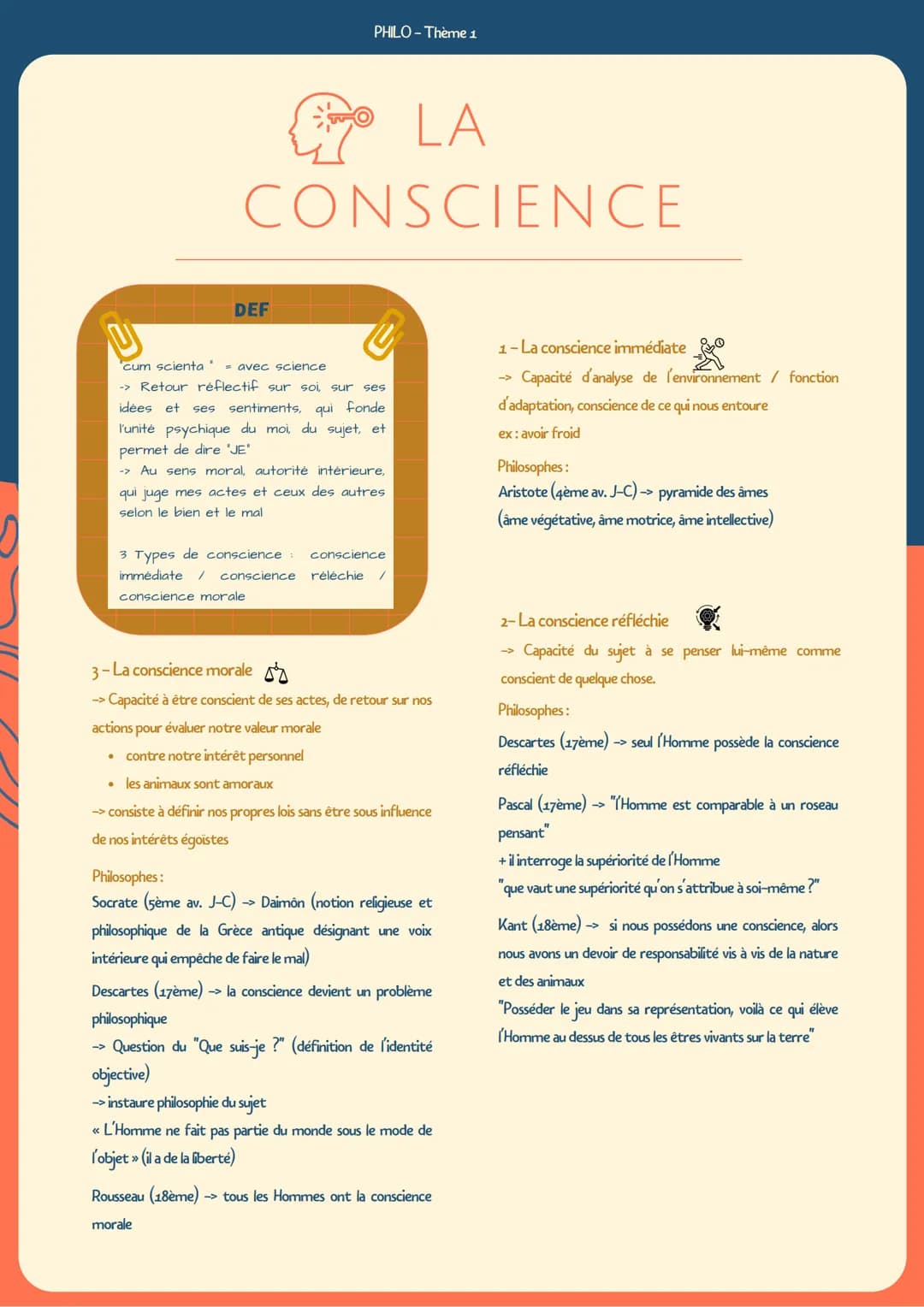 PHILO-Thème 1
LA
CONSCIENCE
DEF
cum scienta" - avec science
-> Retour réflectif sur soi sur ses
idées et ses sentiments, qui fonde
l'unit