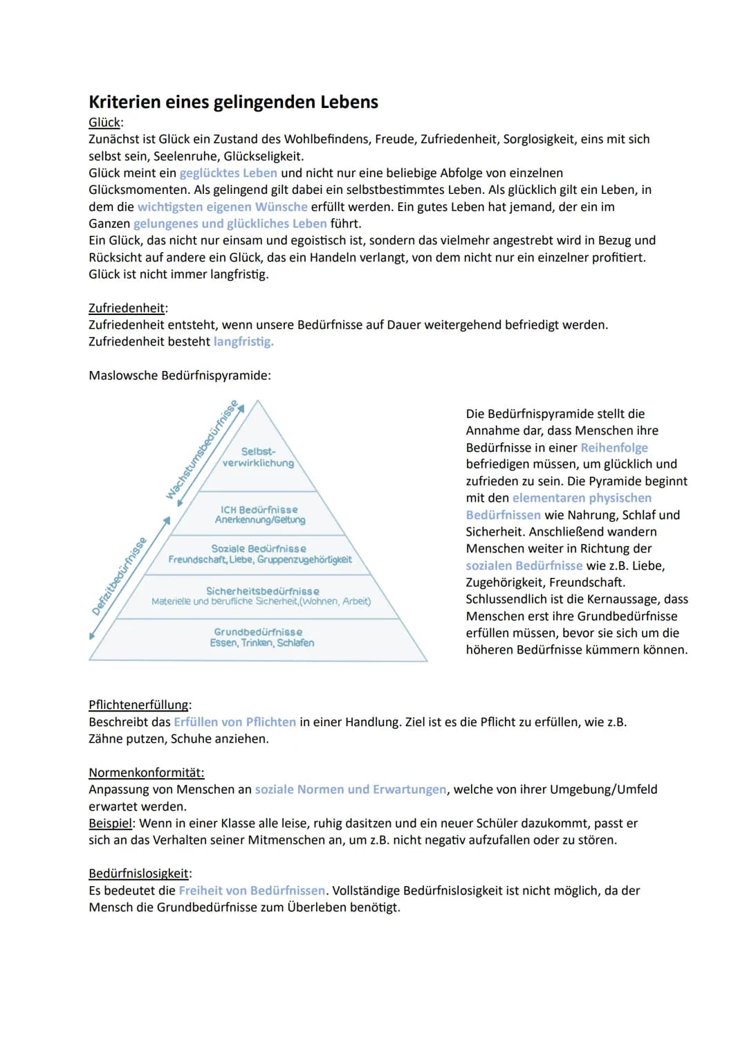 # Moralbegründung
Kriterien eines gelingenden Lebens
- Glück und Zufriedenheit (z. B. Pyramide (Marslow)
- Pflichtenerfüllung/Normenkonfor