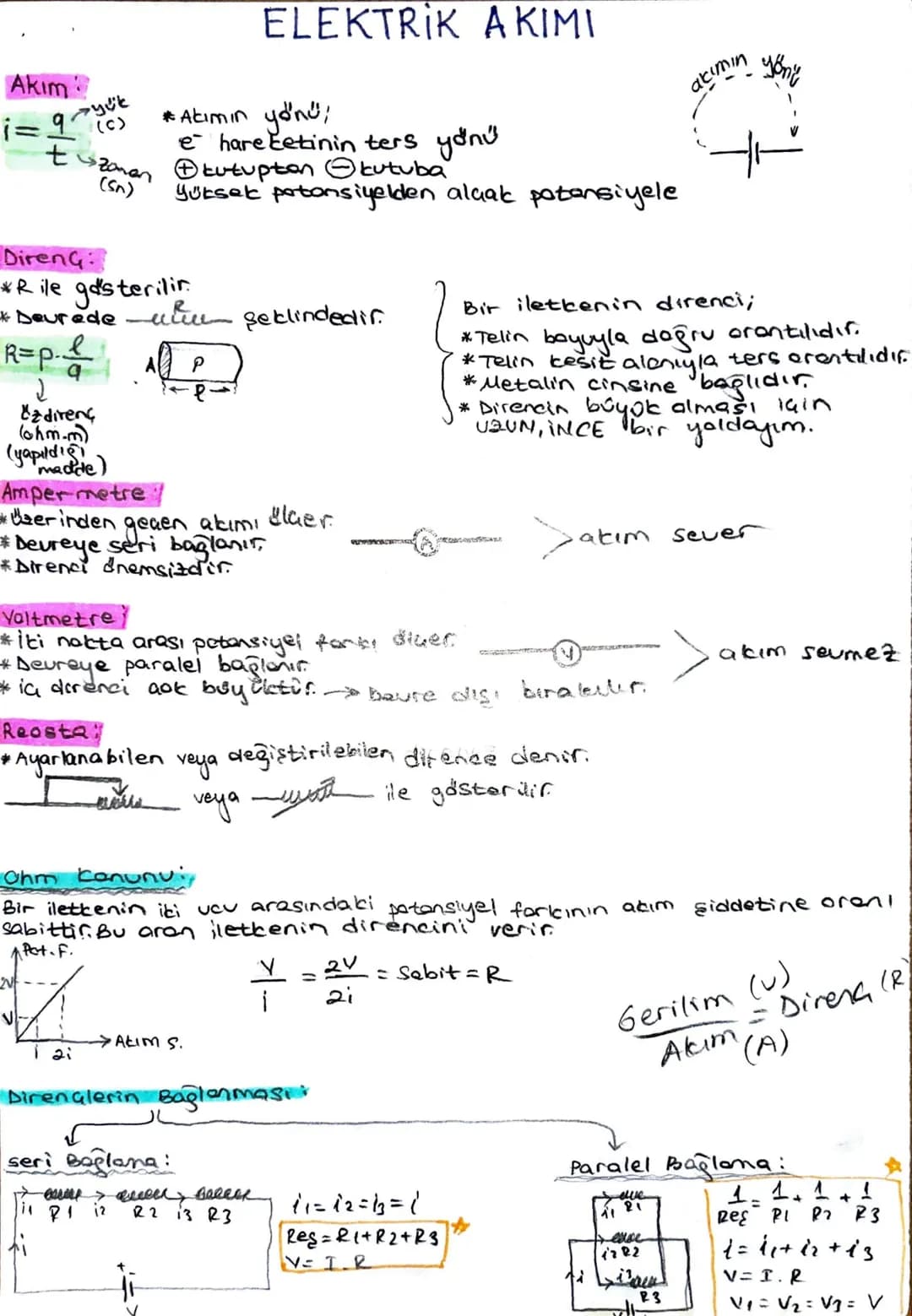 ## ELEKTRIK ΑΚΙΜΙ
Akım:
$i = \frac{q}{t}$ yük
(C)
* Akımın yönü;
* $e^-$ hareketinin ters yönü
* $\oplus$ kutuptan $\ominus$ kutuba
Zaman
(
