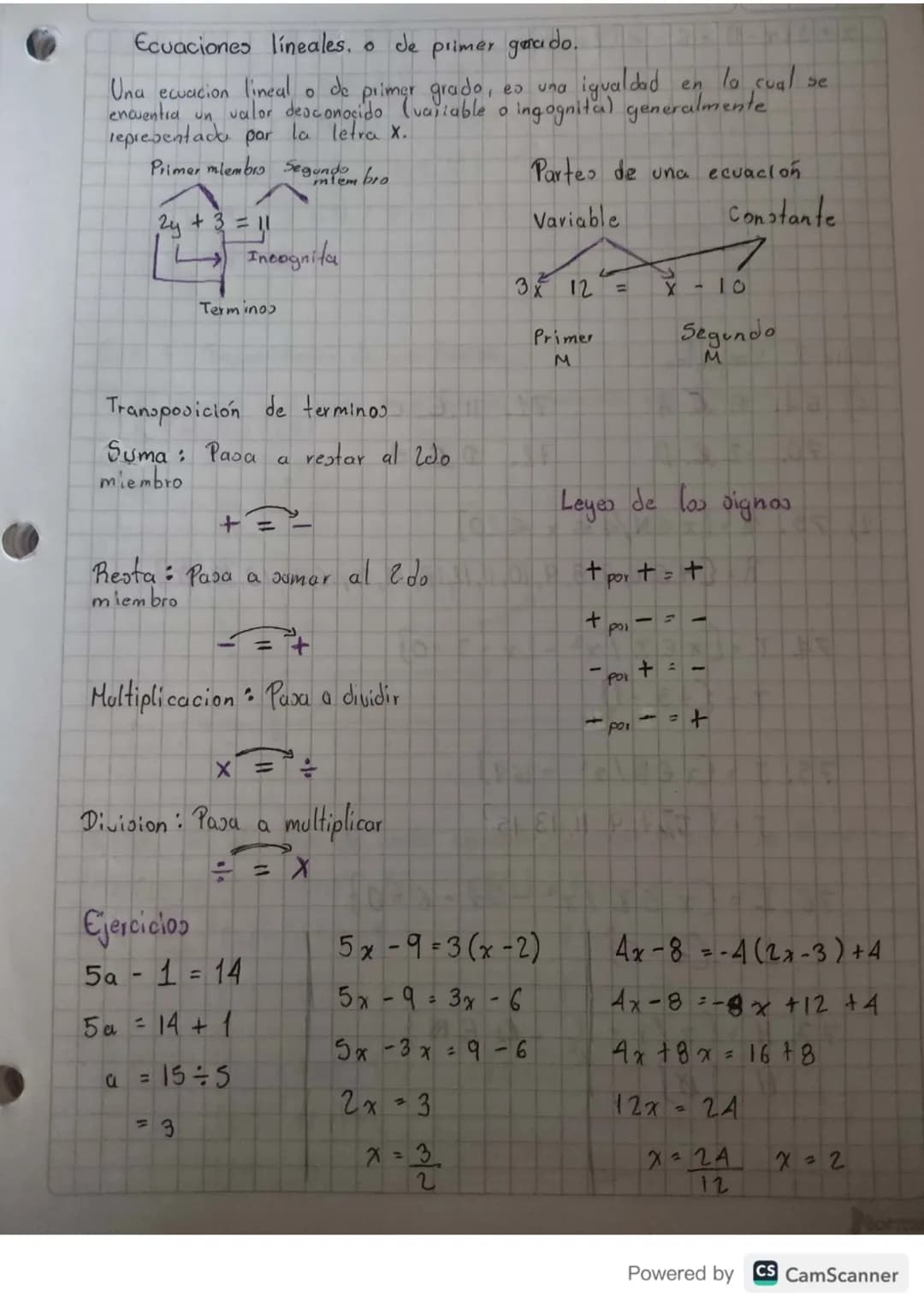 # Ecuaciones líneales, o de primer gerado.
Una ecuacion lineal o de primer grado, es una igualdad en la cual se
encuentra un valor desconoci