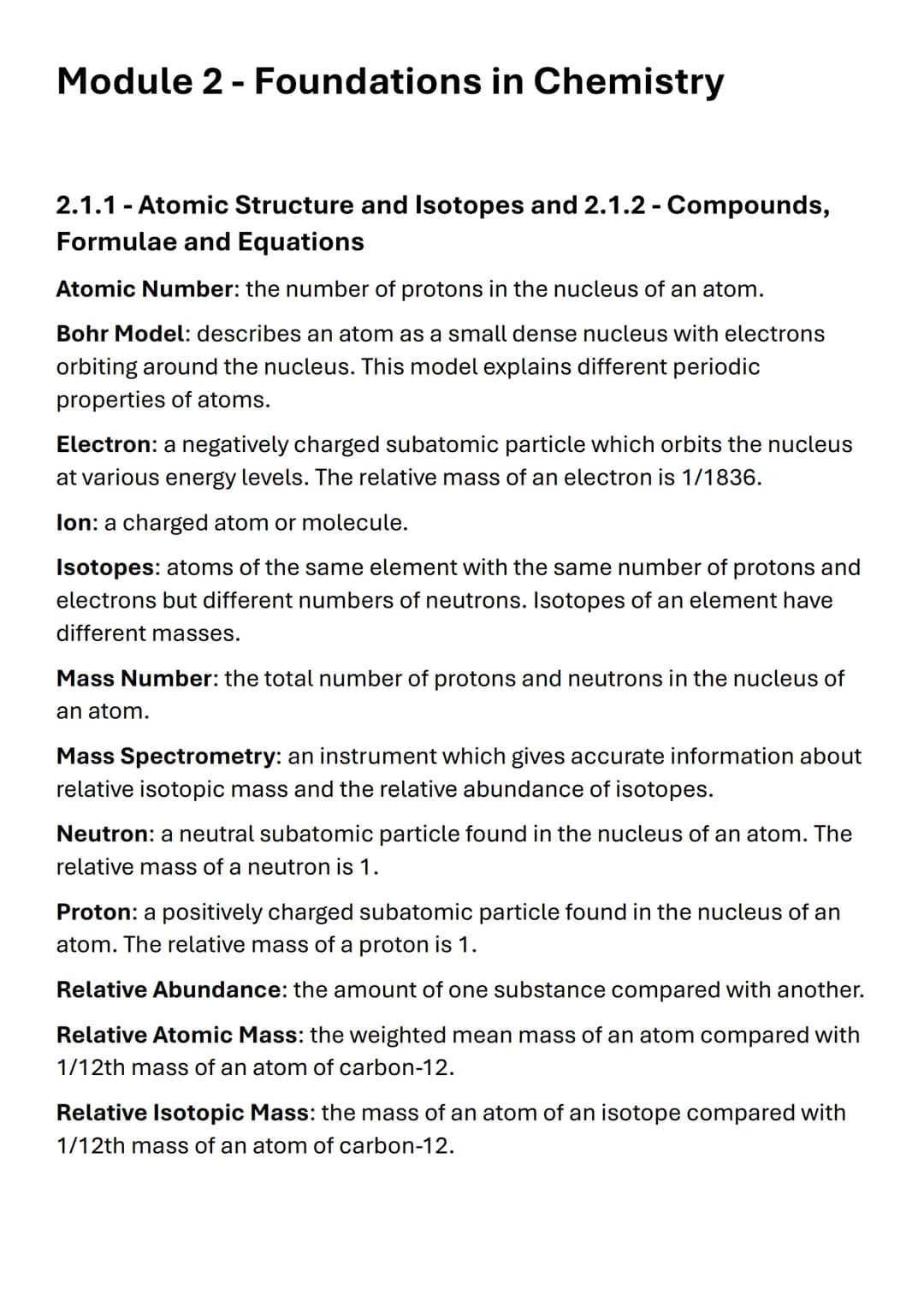 OCR A A-LEVEL
CHEMISTRY
KEYWORDS
TOPICS 1-6 # Module 2 - Foundations in Chemistry
2.1.1 - Atomic Structure and Isotopes and 2.1.2 - Compou